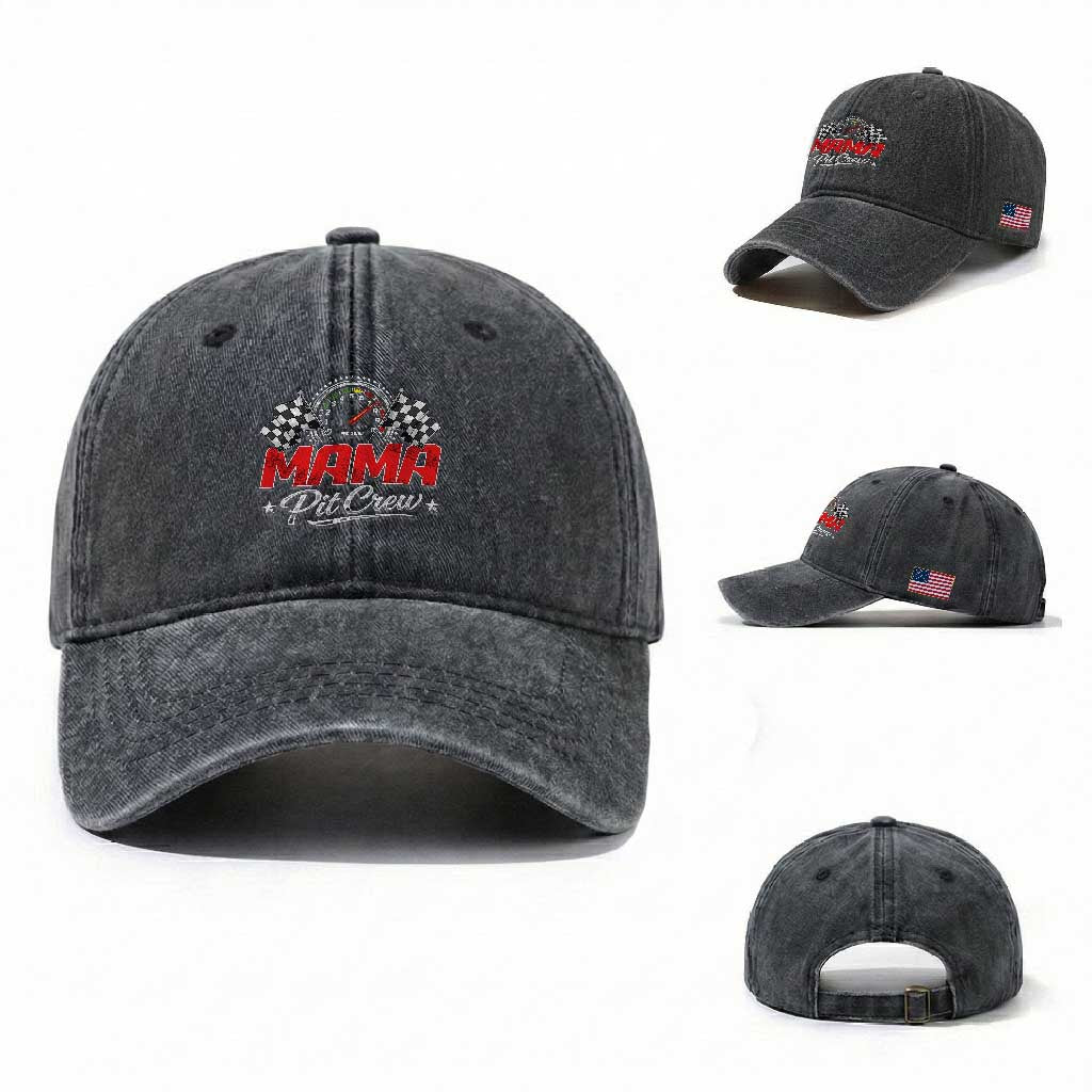 Mama Pit Crew Washed Cotton Baseball Cap Racing Family Matching Mothers Day TS11 Washed Cap Universal Fit Dark Gray Print Your Wear