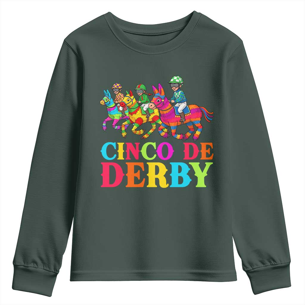 Cinco De Derby Youth Sweatshirt Funny Mexican Derby Pinata Horse Race TS11 Dark Forest Green Print Your Wear