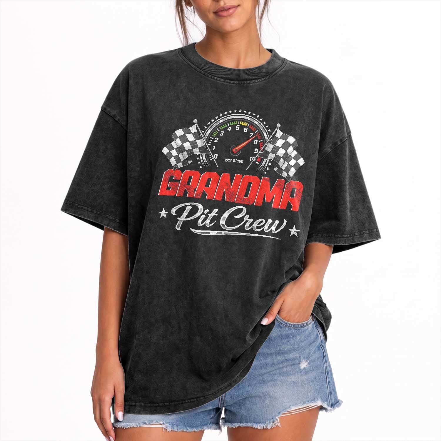 Grandma Pit Crew Washed Cotton T-Shirt Racing Family Matching Nana Gifts