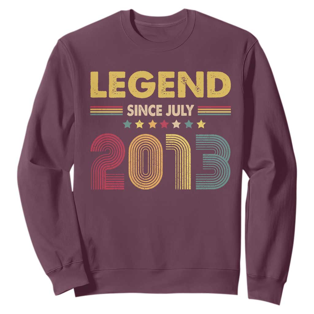 July 13th Birthday Sweatshirt Legends Since July 2013 Retro Bday TS11 Maroon Print Your Wear