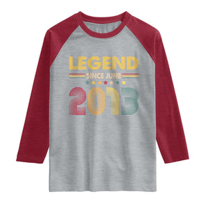 June 13th Birthday Raglan Shirt Legends Since June 2013 Retro Bday TS11 Heather Gray Heather Red Print Your Wear