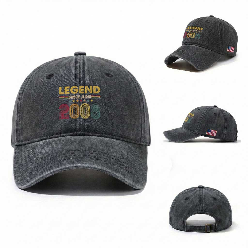 June 18th Birthday Washed Cotton Baseball Cap Legends Since June 2008 Retro Bday TS11 Washed Cap Universal Fit Dark Gray Print Your Wear