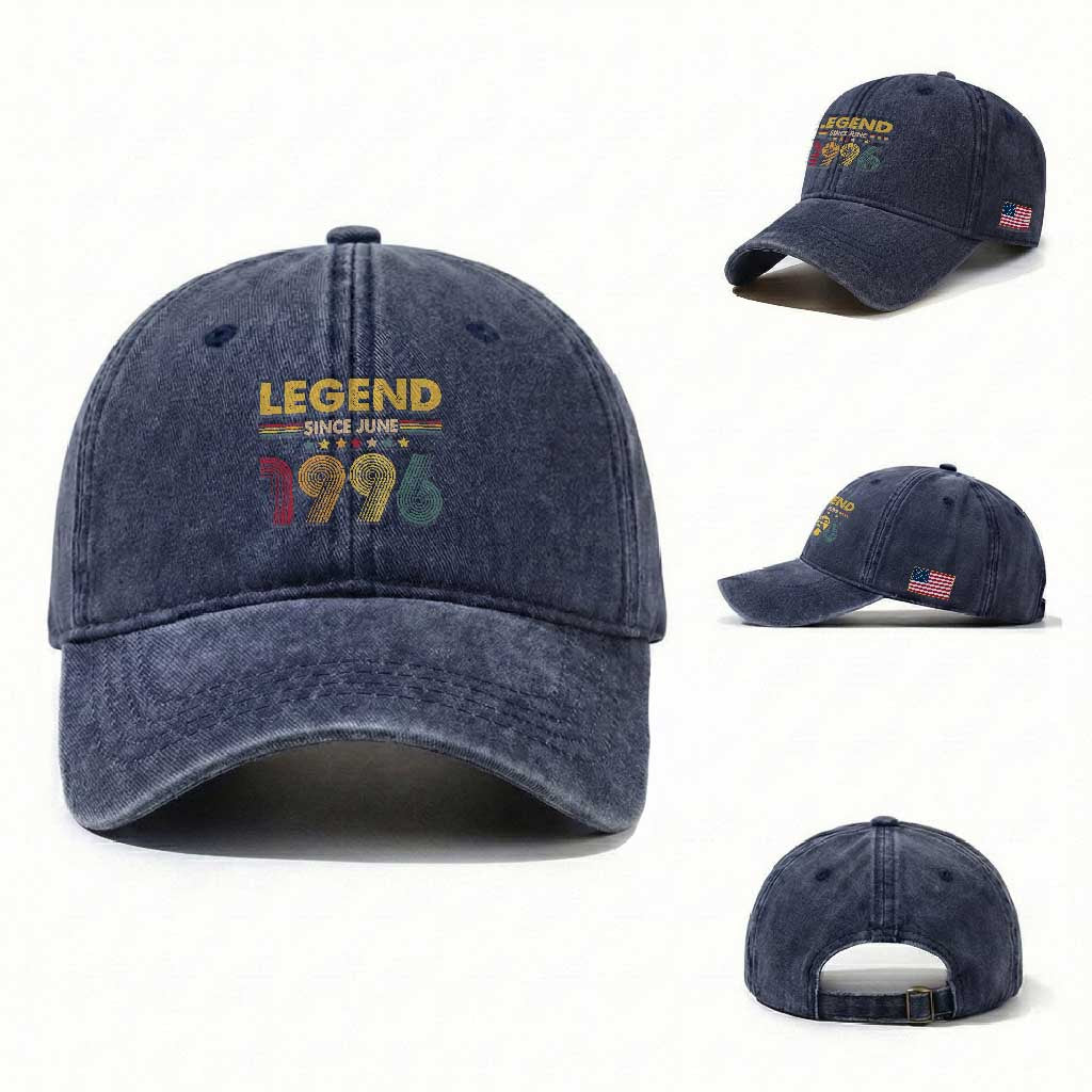 June 30th Birthday Washed Cotton Baseball Cap Legends Since June 1996 Retro Bday TS11 Washed Cap Universal Fit Navy Print Your Wear