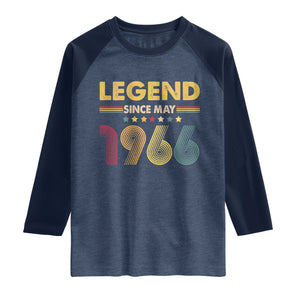 May 60th Birthday Raglan Shirt Legends Since May 1966 Retro Bday TS11 Heather Denim Navy Print Your Wear