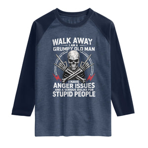 Walk Away I Am A Grumpy Old Man I Have Anger Issues Raglan Shirt Funny Senior Citizen TS11 Heather Denim Navy Print Your Wear
