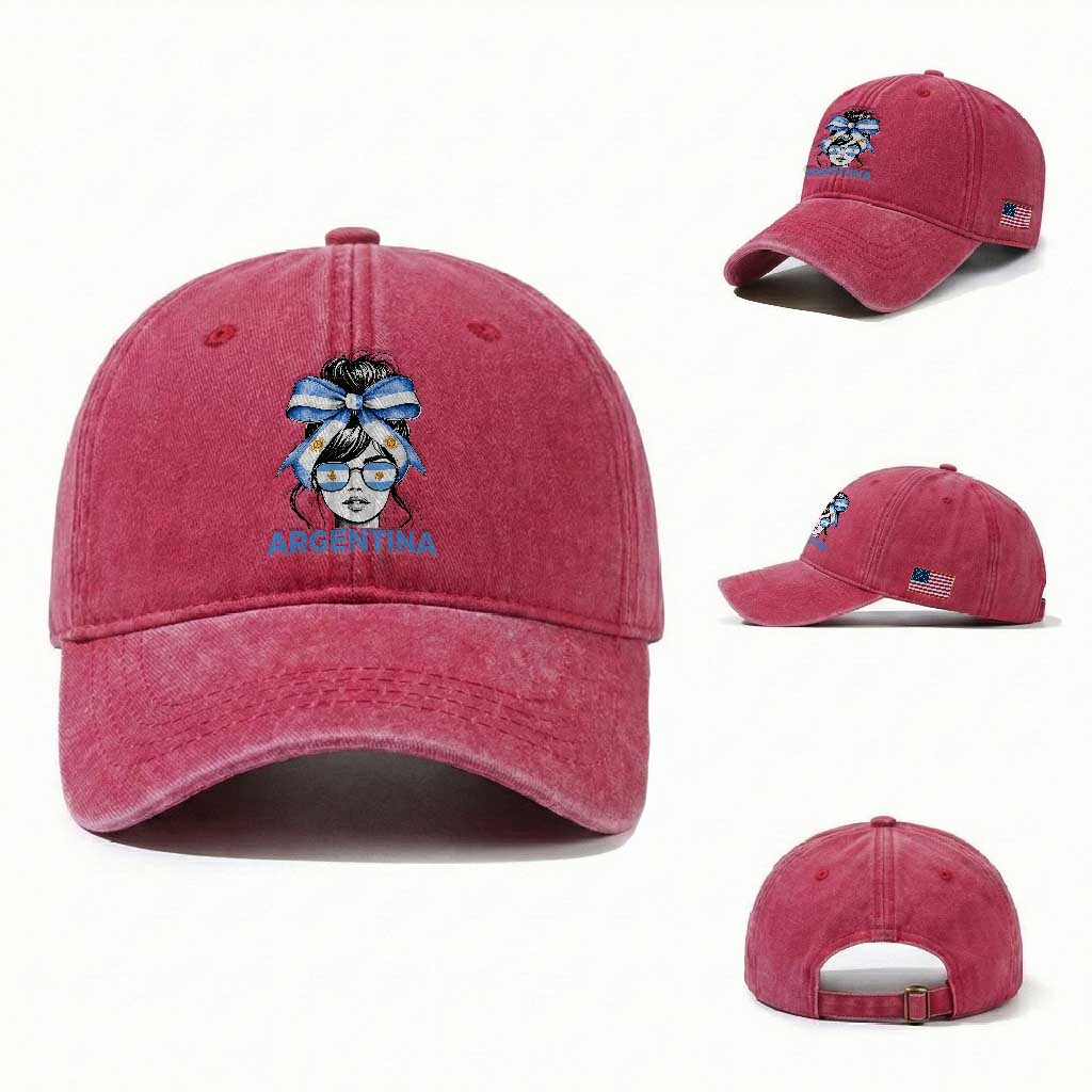 Messy Bun Argentina Pride Argentinian Girl Washed Cotton Baseball Cap TS11 Washed Cap Universal Fit Red Print Your Wear