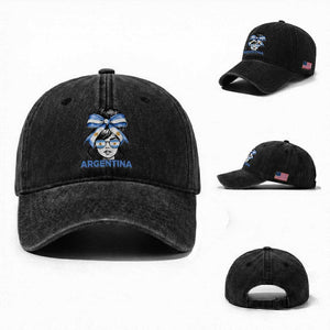 Messy Bun Argentina Pride Argentinian Girl Washed Cotton Baseball Cap TS11 Washed Cap Universal Fit Black Print Your Wear