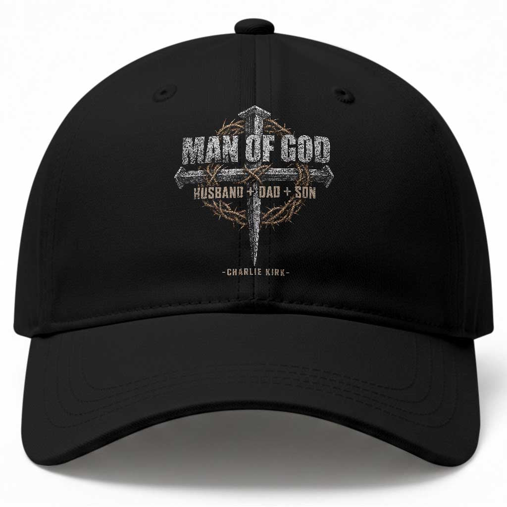 Man Of God Husband Dad Son Charlie Kirk Baseball Cap Vintage Christian Cross TS11 Print Your Wear