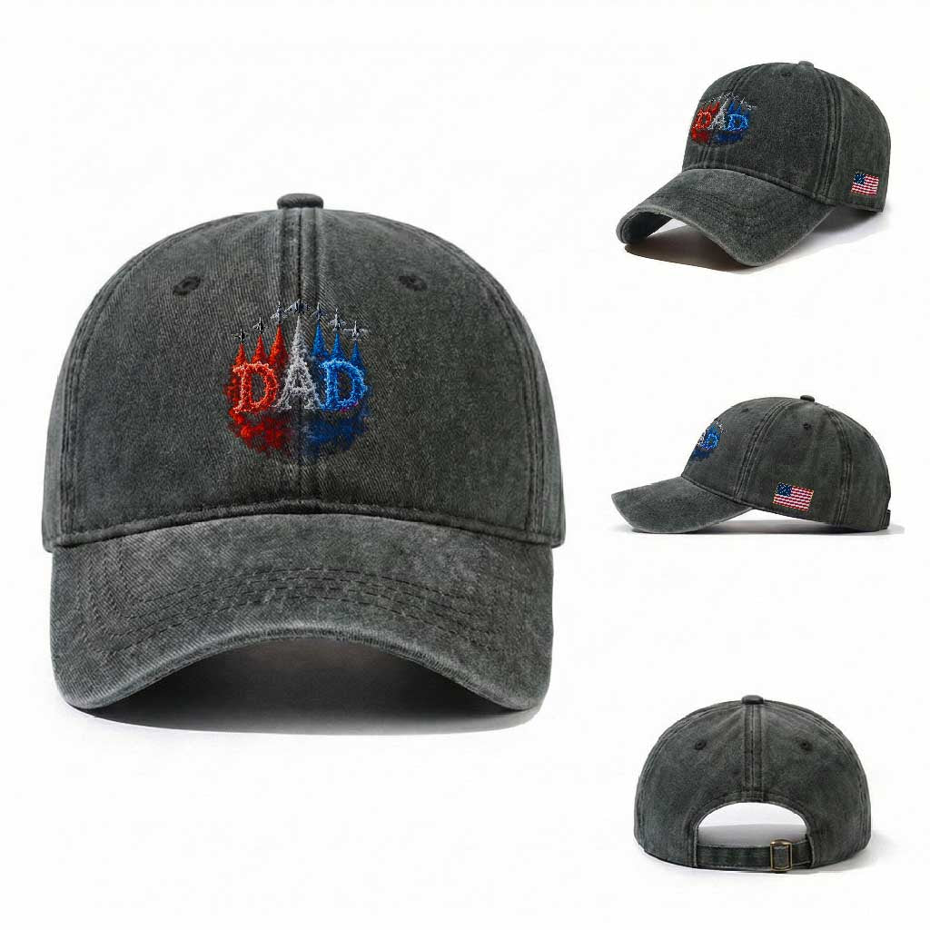 Patriotic Dad Jet Fighter American Flag 4th of July Washed Cotton Baseball Cap TS11 Washed Cap Universal Fit Dark Green Print Your Wear