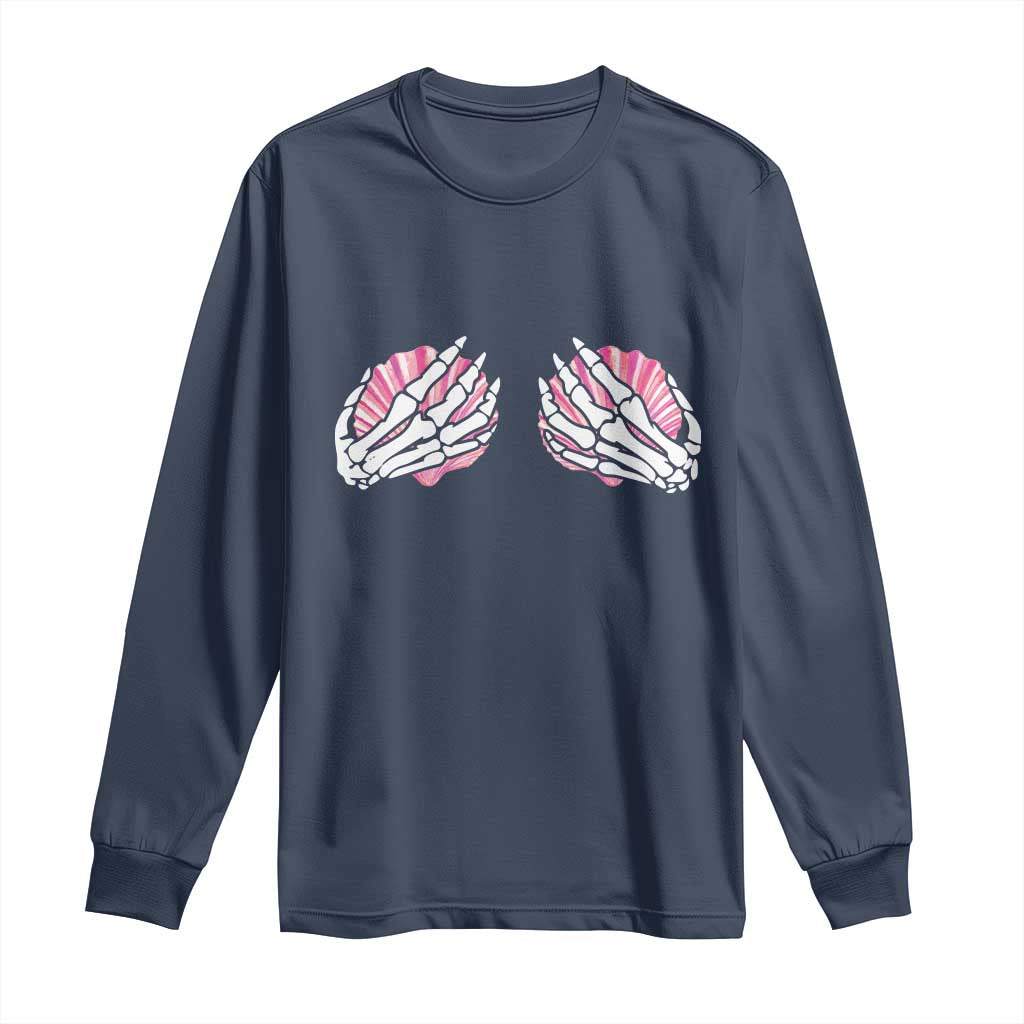 Funny Skeleton Hands Seashell Bikini Halloween Beach Long Sleeve Shirt TS11 Navy Print Your Wear