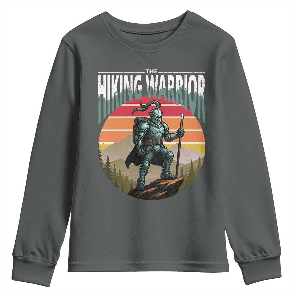 Funny Mountain Hikers Youth Sweatshirt The Hiking Warrior Retro Forest Sunset TS11 Dark Heather Print Your Wear