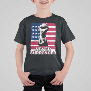 Trump Presient Never Surrender 2024 T Shirt For Kid US Flag Raised Fist TS11 Black Print Your Wear