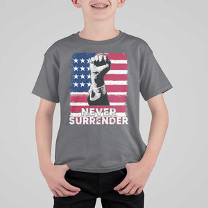 Trump Presient Never Surrender 2024 T Shirt For Kid US Flag Raised Fist TS11 Charcoal Print Your Wear