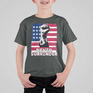 Trump Presient Never Surrender 2024 T Shirt For Kid US Flag Raised Fist TS11 Dark Heather Print Your Wear