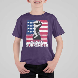 Trump Presient Never Surrender 2024 T Shirt For Kid US Flag Raised Fist TS11 Purple Print Your Wear