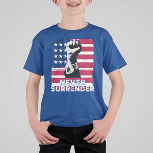 Trump Presient Never Surrender 2024 T Shirt For Kid US Flag Raised Fist TS11 Royal Blue Print Your Wear