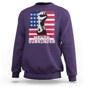 Trump Presient Never Surrender 2024 Sweatshirt US Flag Raised Fist TS11 Purple Print Your Wear