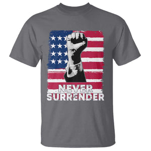 Trump Presient Never Surrender 2024 T Shirt US Flag Raised Fist TS11 Charcoal Print Your Wear