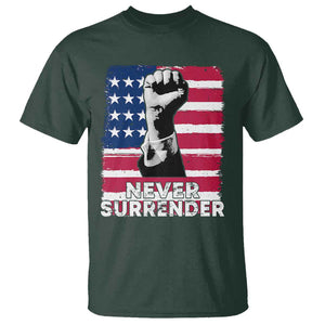 Trump Presient Never Surrender 2024 T Shirt US Flag Raised Fist TS11 Dark Forest Green Print Your Wear