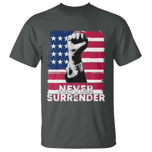 Trump Presient Never Surrender 2024 T Shirt US Flag Raised Fist TS11 Dark Heather Print Your Wear