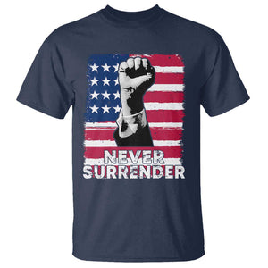 Trump Presient Never Surrender 2024 T Shirt US Flag Raised Fist TS11 Navy Print Your Wear