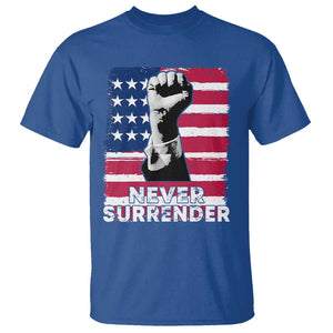 Trump Presient Never Surrender 2024 T Shirt US Flag Raised Fist TS11 Royal Blue Print Your Wear