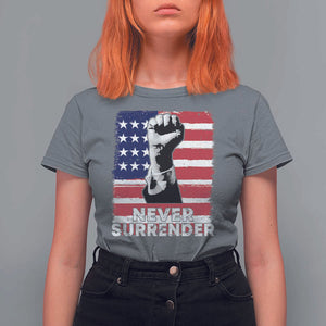 Trump Presient Never Surrender 2024 T Shirt For Women US Flag Raised Fist TS11 Charcoal Print Your Wear