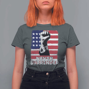 Trump Presient Never Surrender 2024 T Shirt For Women US Flag Raised Fist TS11 Dark Heather Print Your Wear