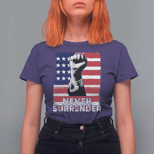 Trump Presient Never Surrender 2024 T Shirt For Women US Flag Raised Fist TS11 Purple Print Your Wear