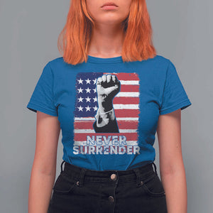 Trump Presient Never Surrender 2024 T Shirt For Women US Flag Raised Fist TS11 Royal Blue Print Your Wear