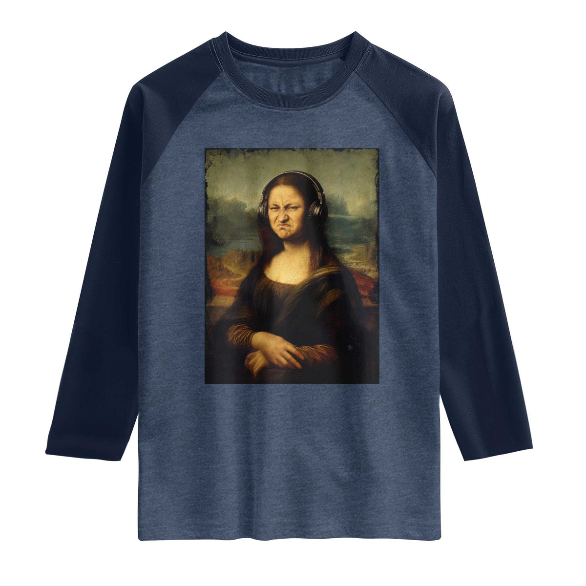 Funny Mona Lisa Bass Face Music Lovers DJs Raglan Shirt TS11 Heather Denim Navy Print Your Wear