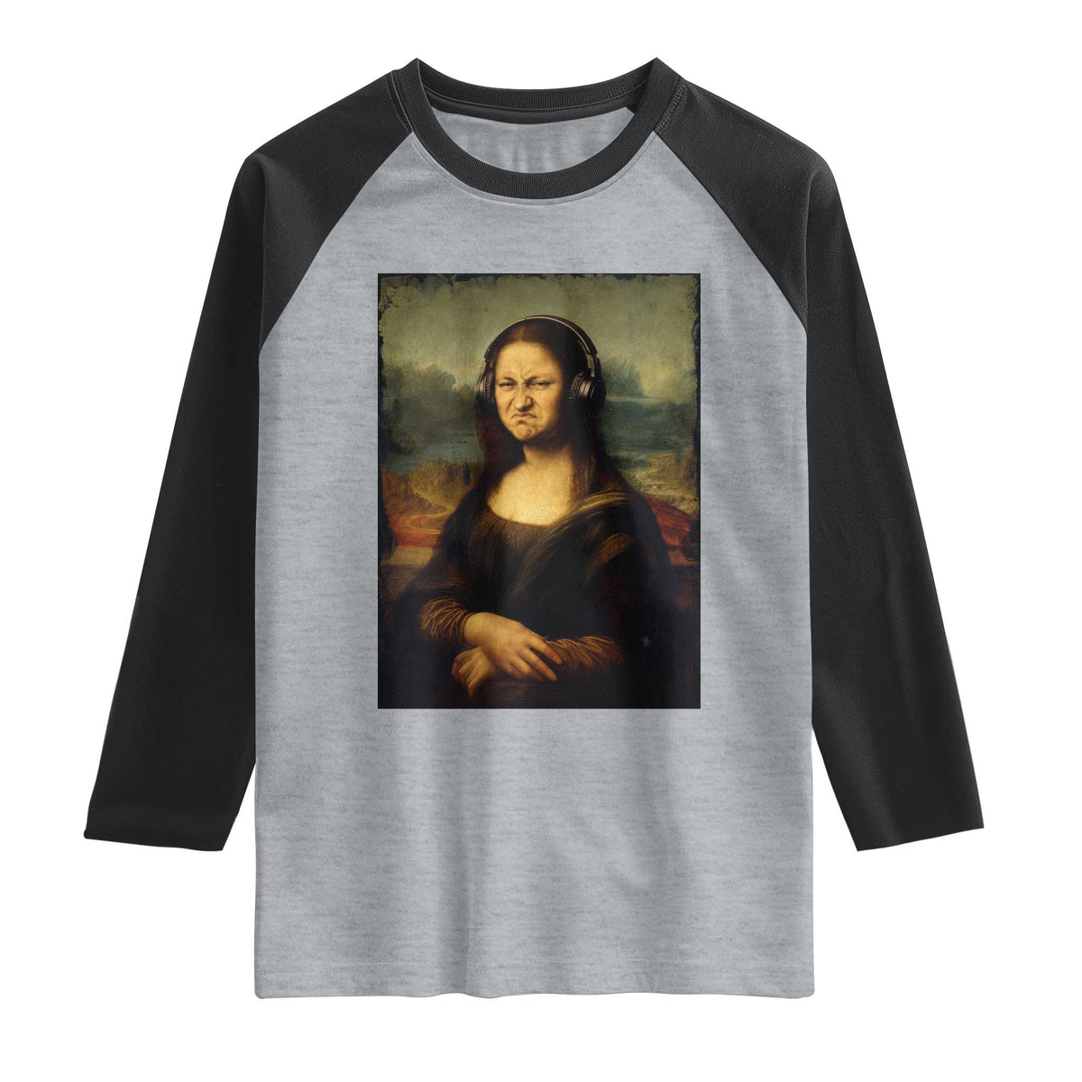 Funny Mona Lisa Bass Face Music Lovers DJs Raglan Shirt TS11 Heather Gray Black Print Your Wear