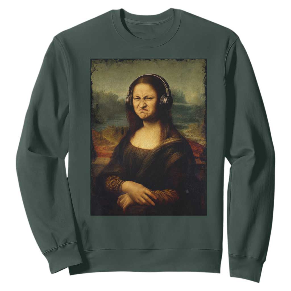Funny Mona Lisa Bass Face Music Lovers DJs Sweatshirt TS11 Dark Forest Green Print Your Wear
