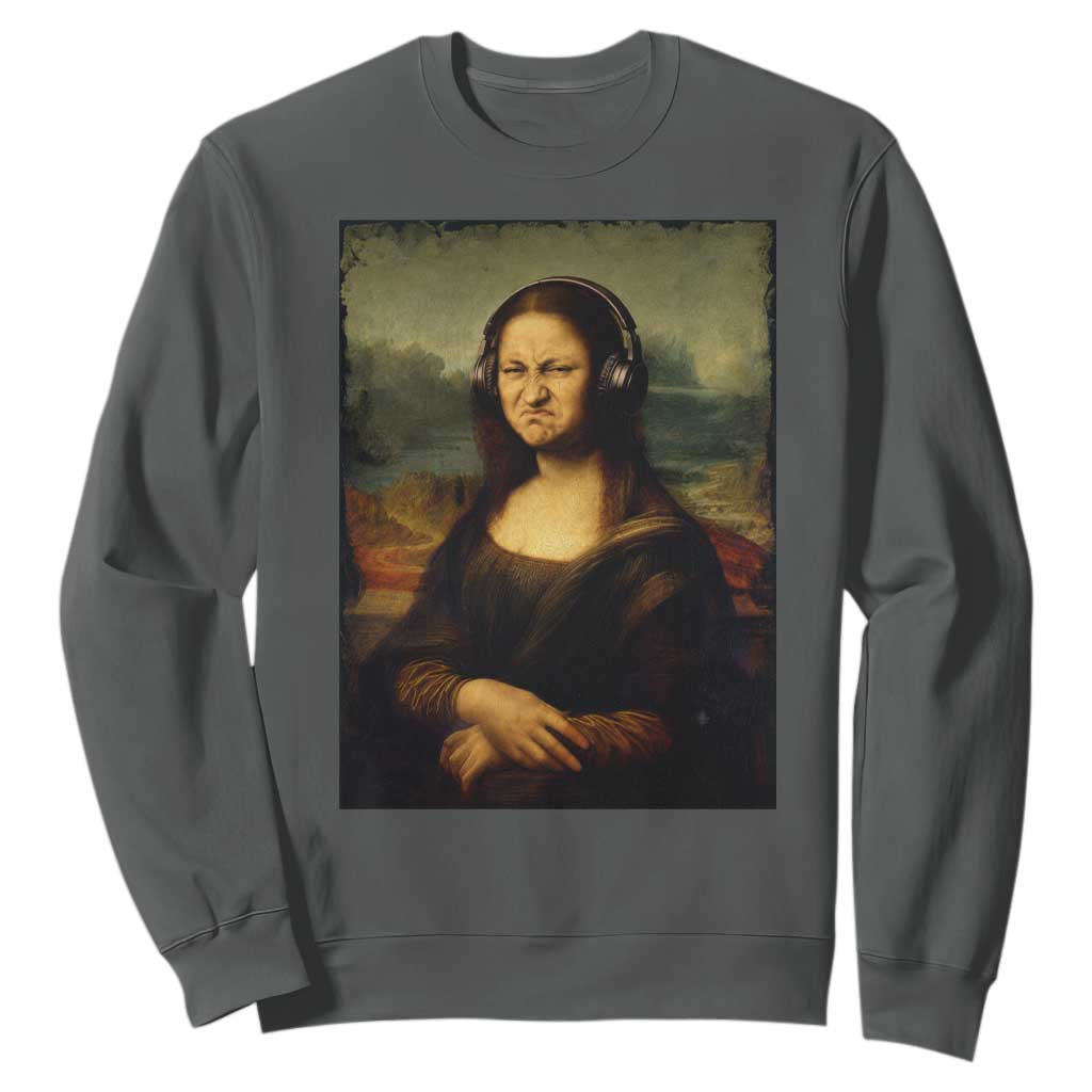 Funny Mona Lisa Bass Face Music Lovers DJs Sweatshirt TS11 Dark Heather Print Your Wear