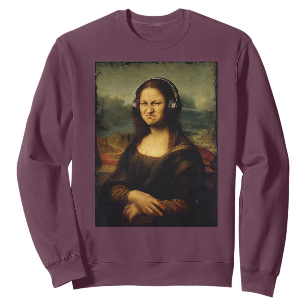 Funny Mona Lisa Bass Face Music Lovers DJs Sweatshirt TS11 Maroon Print Your Wear