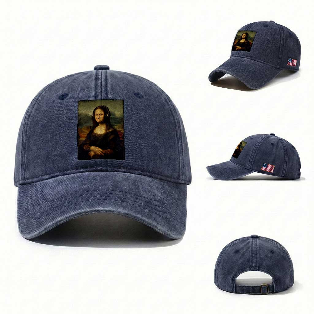 Funny Mona Lisa Bass Face Music Lovers DJs Washed Cotton Baseball Cap TS11 Washed Cap Universal Fit Navy Print Your Wear