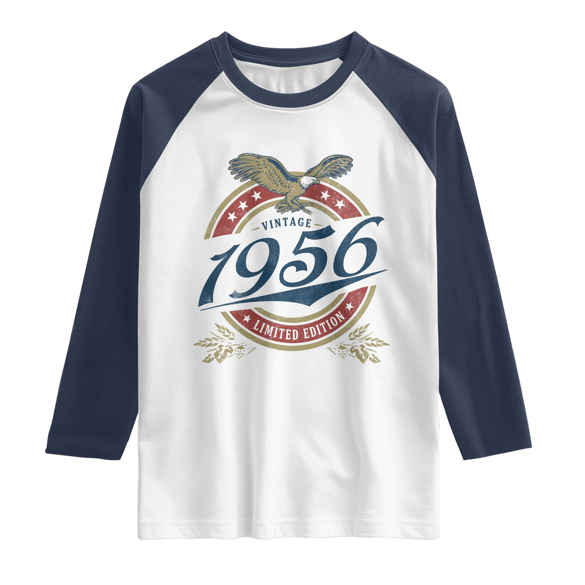 70th Birthday Beer Lover Vintage 1956 Limited Edition Raglan Shirt Bald Eagle TS11 White Navy Print Your Wear