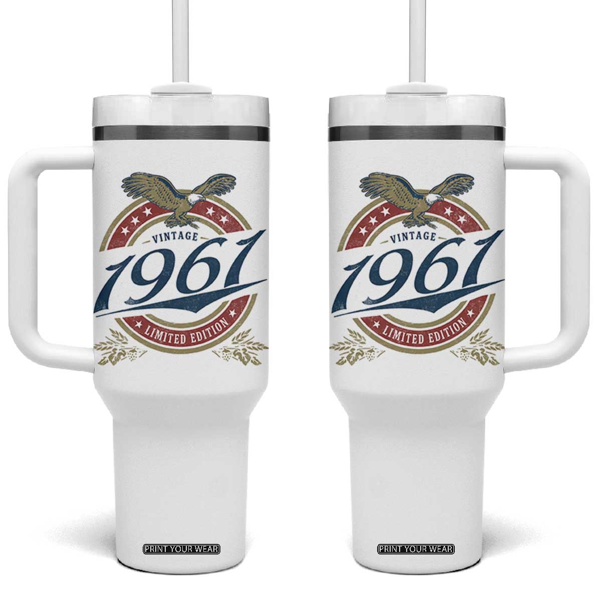 65th Birthday Beer Lover Vintage 1961 Limited Edition Tumbler With Handle Bald Eagle TS11 One Size: 40 oz White Print Your Wear