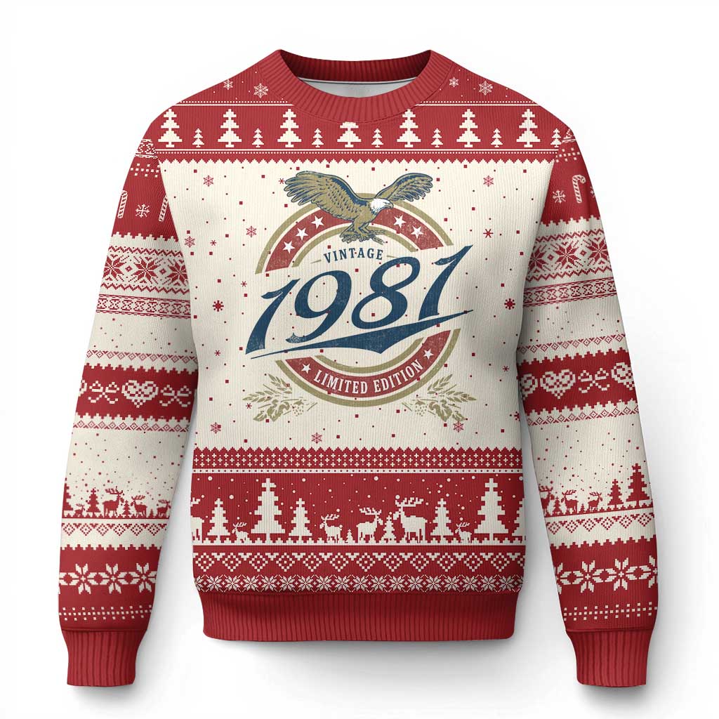 45th Birthday Beer Lover Vintage 1981 Limited Edition Ugly Christmas Sweater Bald Eagle TS11 Beige Red Print Your Wear