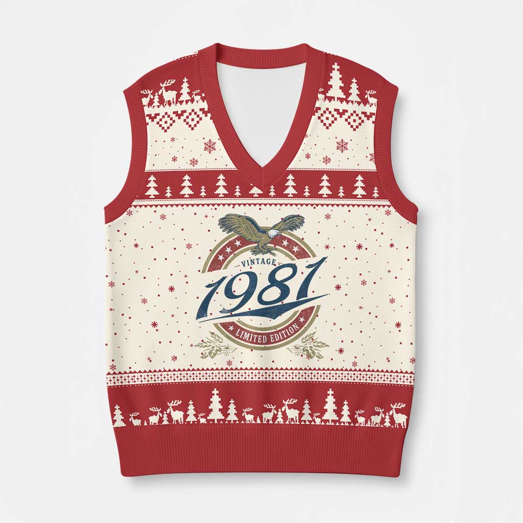 45th Birthday Beer Lover Vintage 1981 Limited Edition V-Neck Knit Sweater Vest Bald Eagle TS11 Beige Red Print Your Wear