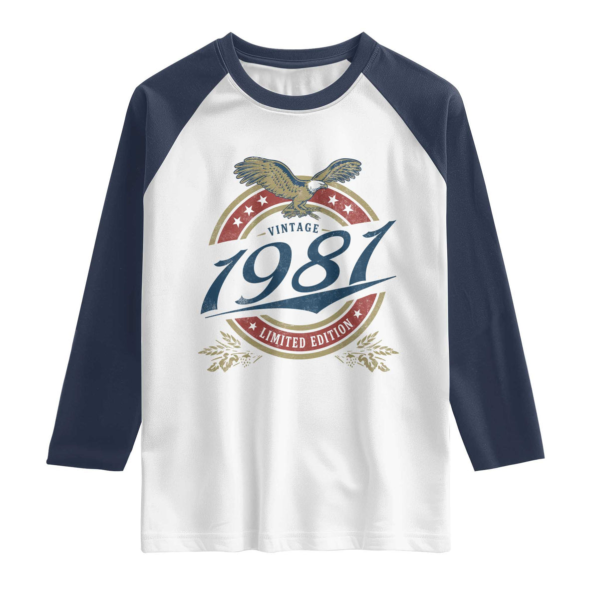 45th Birthday Beer Lover Vintage 1981 Limited Edition Raglan Shirt Bald Eagle TS11 White Navy Print Your Wear