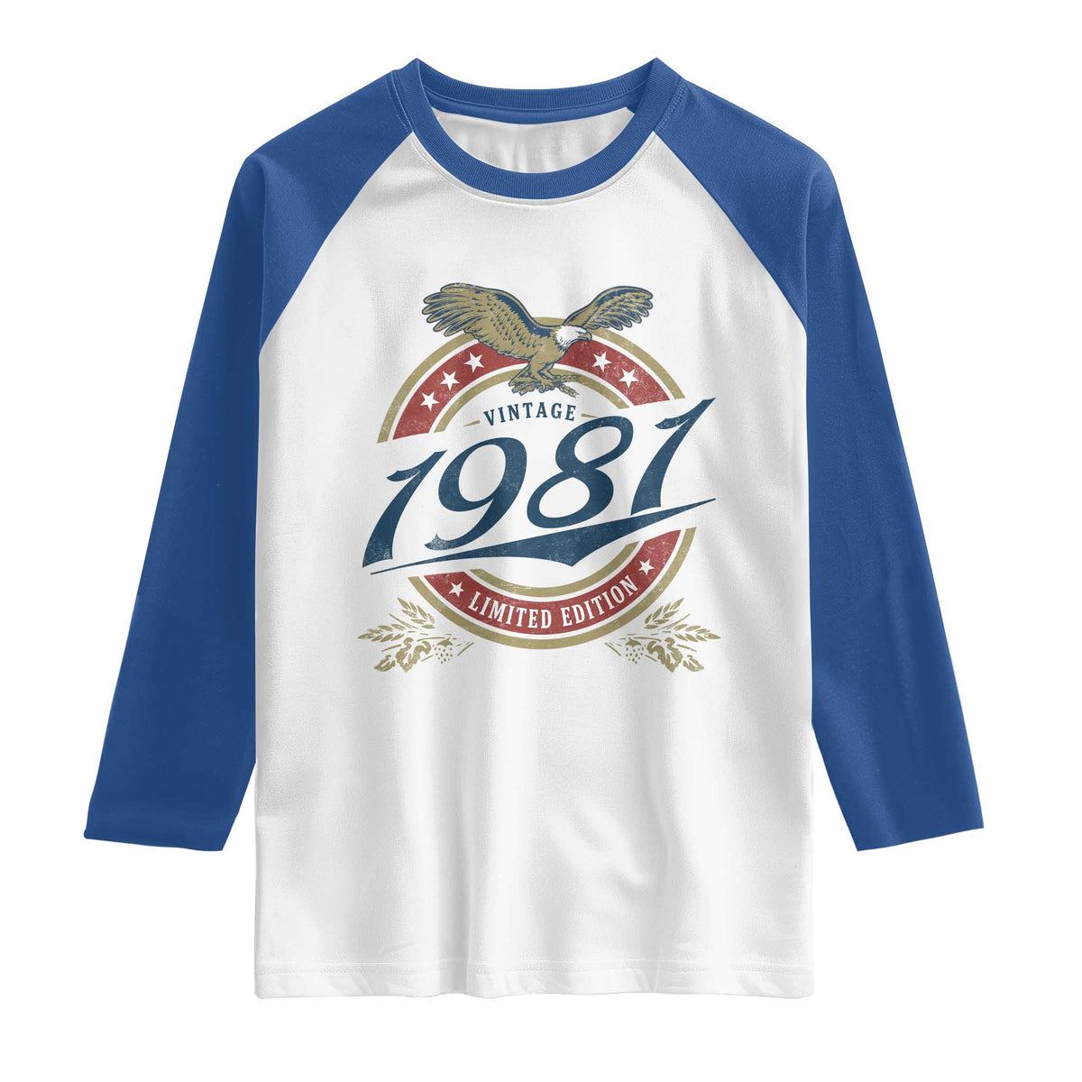45th Birthday Beer Lover Vintage 1981 Limited Edition Raglan Shirt Bald Eagle TS11 White Royal Print Your Wear
