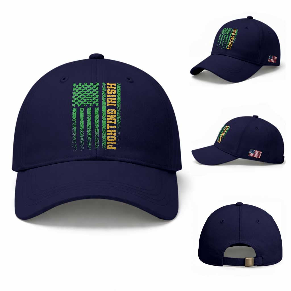 Vintage Fighting Irish Shamrock American Flag Baseball Cap TS11 Baseball Cap Universal Fit Dark Blue Print Your Wear