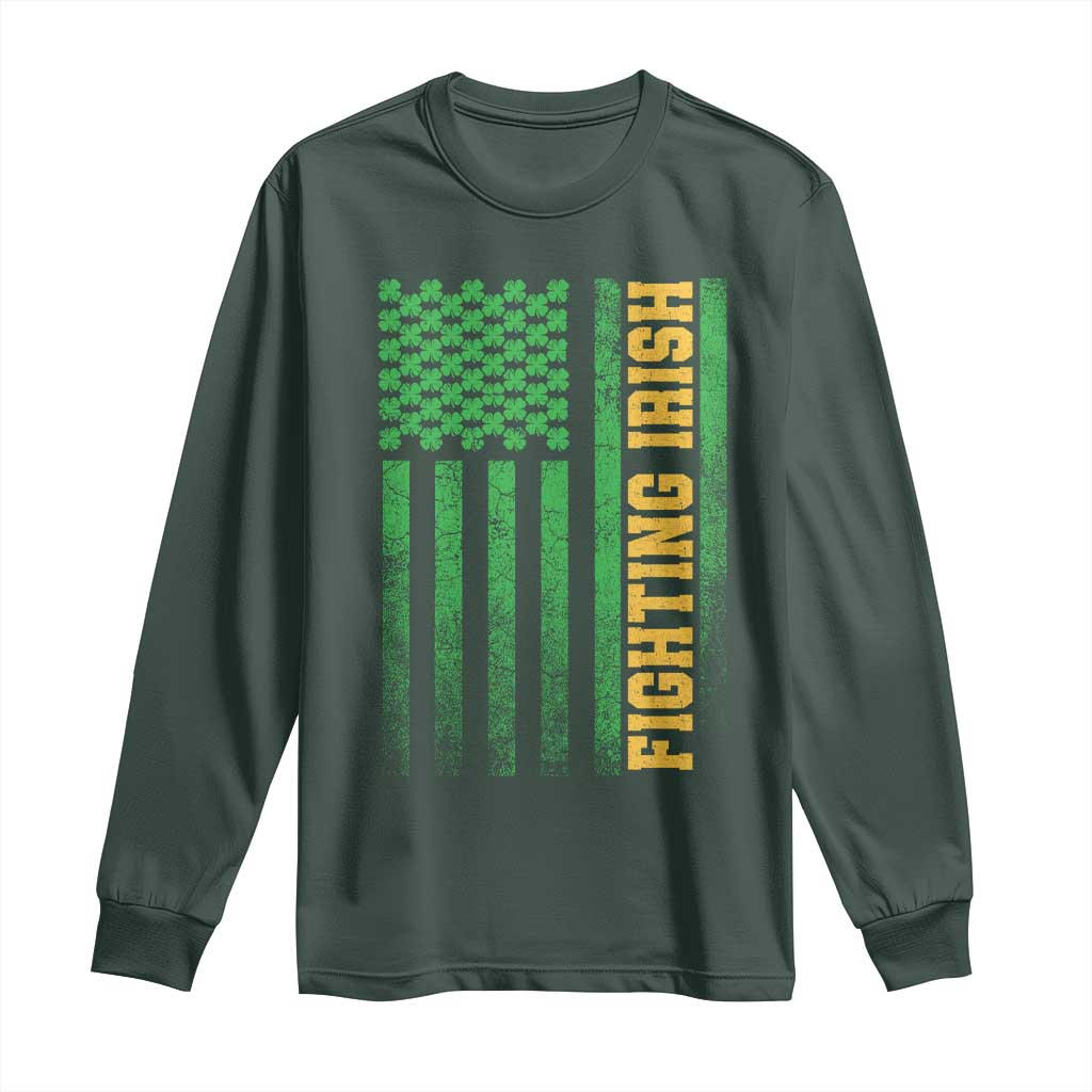 Vintage Fighting Irish Shamrock American Flag Long Sleeve Shirt TS11 Dark Forest Green Print Your Wear