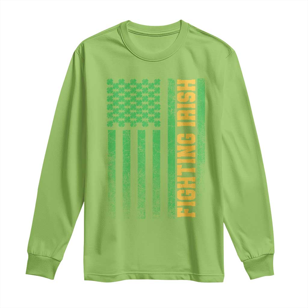 Vintage Fighting Irish Shamrock American Flag Long Sleeve Shirt TS11 Lime Print Your Wear