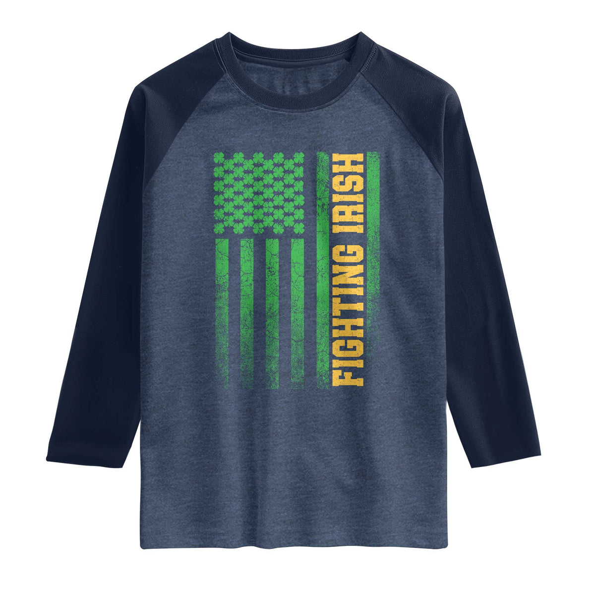Vintage Fighting Irish Shamrock American Flag Raglan Shirt TS11 Heather Denim Navy Print Your Wear