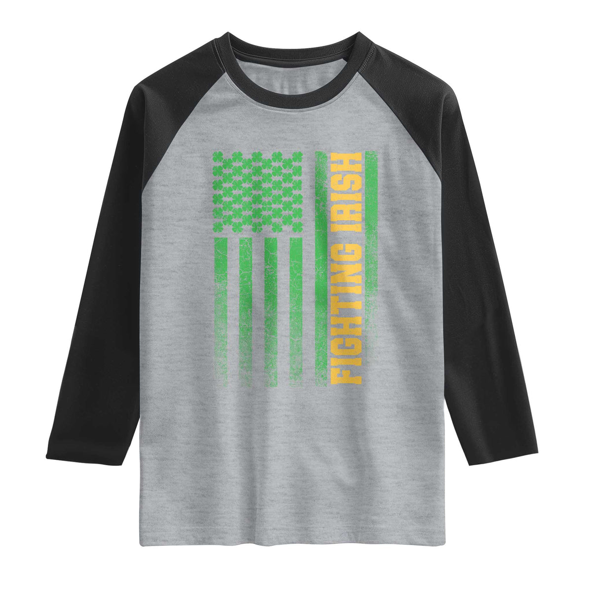 Vintage Fighting Irish Shamrock American Flag Raglan Shirt TS11 Heather Gray Black Print Your Wear