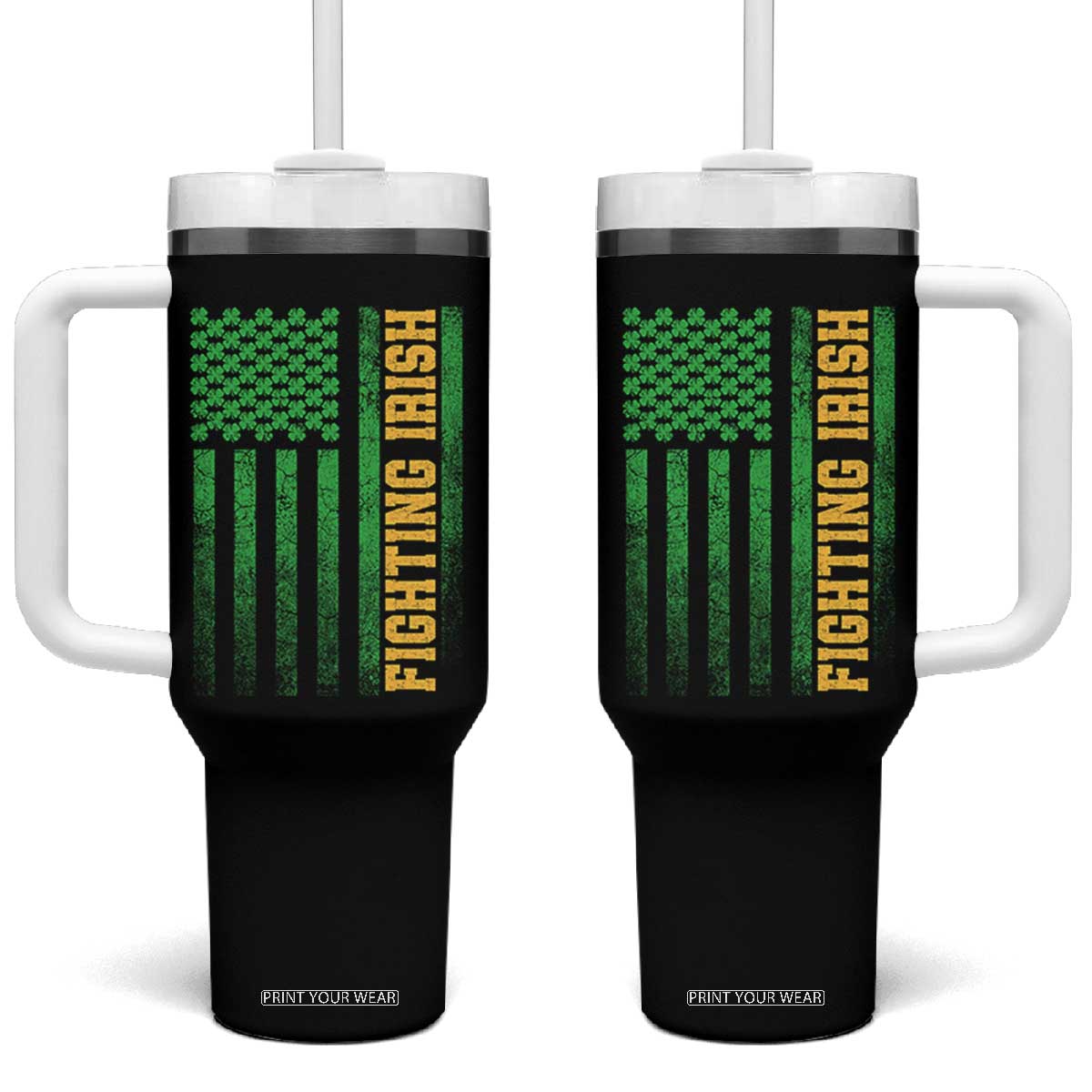 Vintage Fighting Irish Shamrock American Flag Tumbler With Handle TS11 One Size: 40 oz Black Print Your Wear