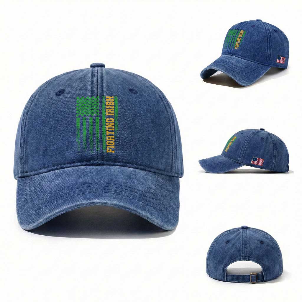 Vintage Fighting Irish Shamrock American Flag Washed Cotton Baseball Cap TS11 Washed Cap Universal Fit Royal Blue Print Your Wear