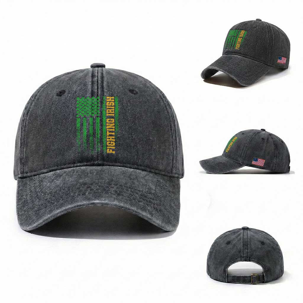 Vintage Fighting Irish Shamrock American Flag Washed Cotton Baseball Cap TS11 Washed Cap Universal Fit Dark Gray Print Your Wear